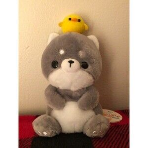 YELL Mametopiyo Grey Shiba Dog with Baby Chick Plush 7.5" Japan Import NWT